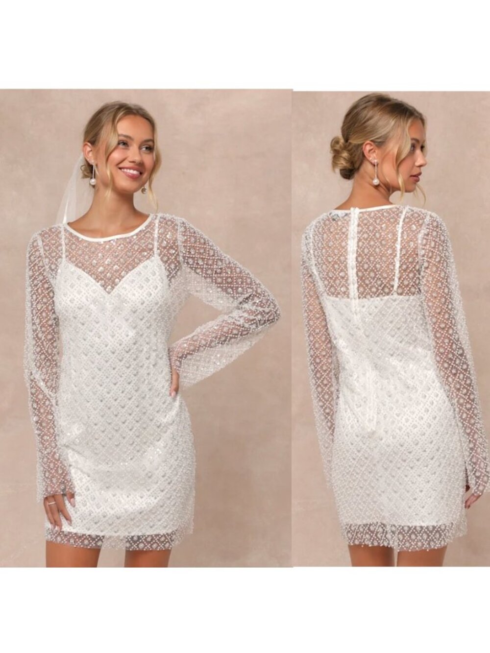 Lulus Glowing Charisma White Sequin Pearl Mesh Long Sleeve Mini Dress Small New